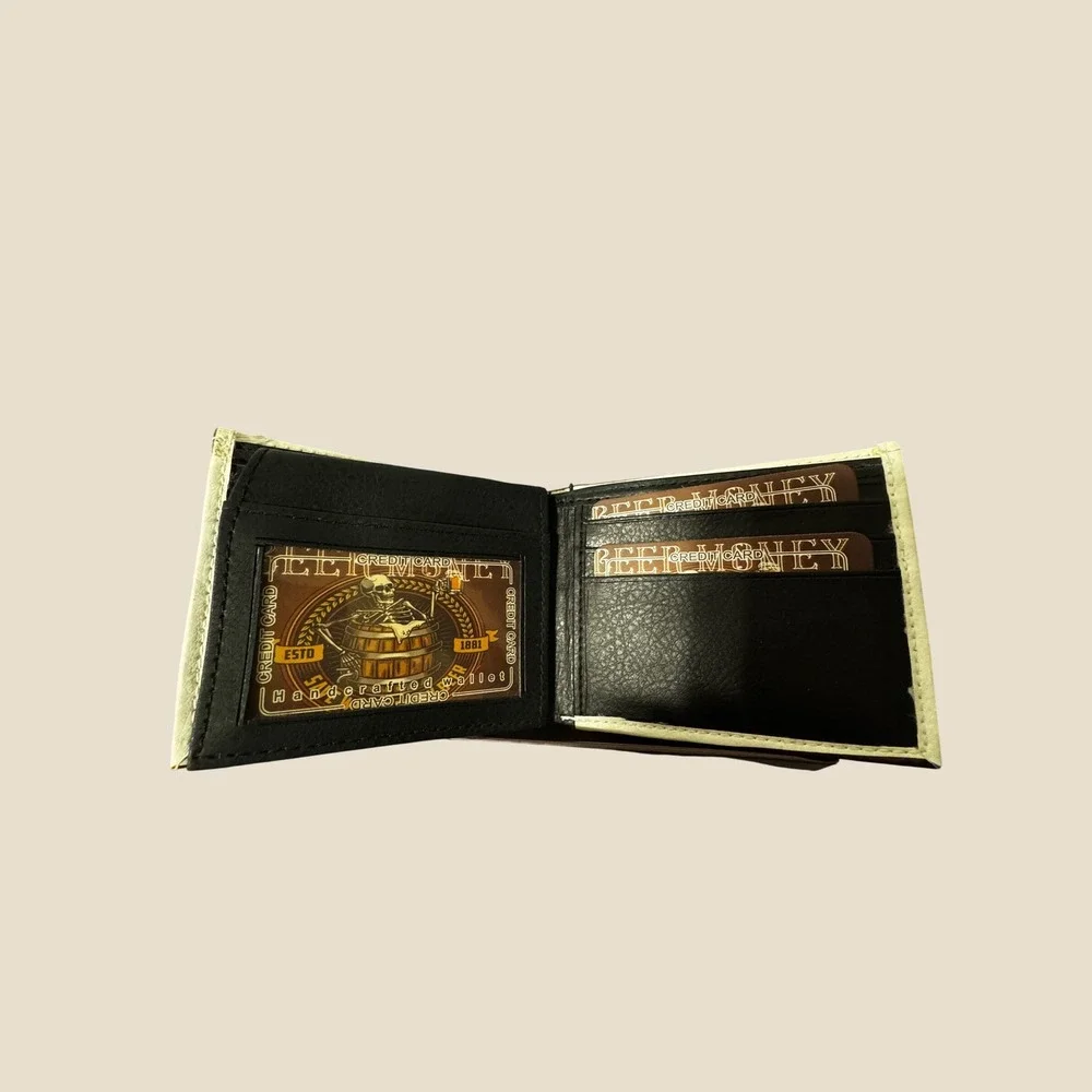 Beer Money Handcrafted Vegan Leather Bifold Wallet Skeleton Graphic Brown Black